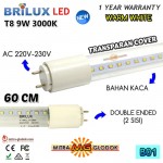 LED Neon Pendek TL T8 Tube 9W 60 cm Cover Transparant - WARM WHITE | Brilux - Double E